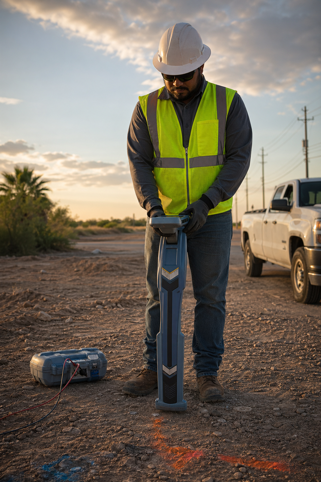 Utility locating technician using realistic locating equipment in the field