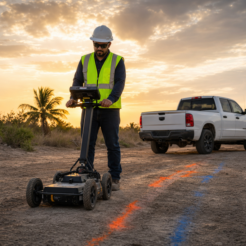 Beyond 811 Locating utility locating technician using field equipment on a Rio Grande Valley worksite before digging